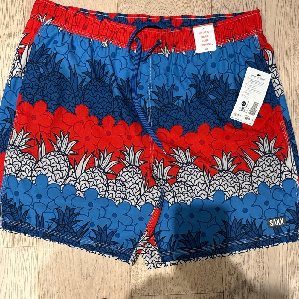 SAXX Men's Tropical Blue and Red Swim Trunks